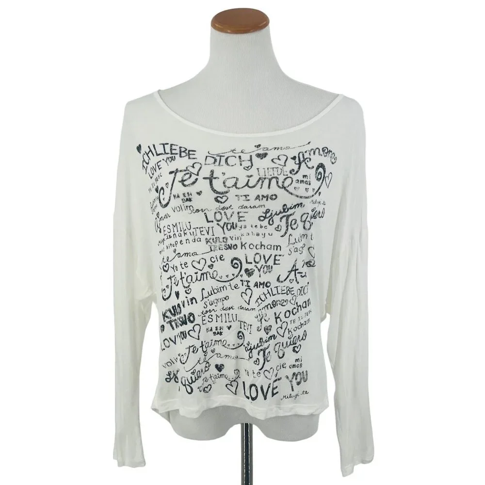 Slouchy White Black Graphic Print Cut-Out Slashed Back L/S Top | Streetwear Glam - Picture 2 of 10